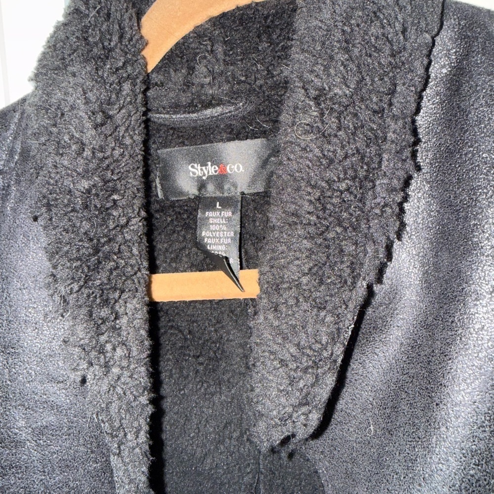 Style & Co Faux Suede Faux Fur Lined Draped Open Front Vest Women’s Size L Black - Picture 7 of 9